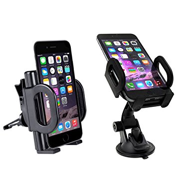 Car Mount Holder, GRANDTAU 2 in 1 Windshield / Dashboard / Air Vent Universal Mobile Phone Cradle, Adjustable Grips, Fits iPhone 7 6s Plus 6s 5s 5c Samsung Galaxy S7 Edge S6 S5 Note 5 4
