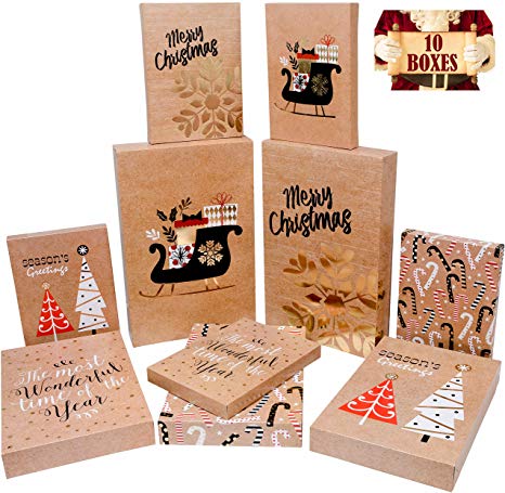Brown Christmas Gift Boxes with Lids (10 Pack) | Assorted Shirt Boxes, Robe Boxes & Lingerie Boxes | Premium Christmas Boxes for Presents | Festive Small, Medium & Large Boxes for Wrapping Gifts