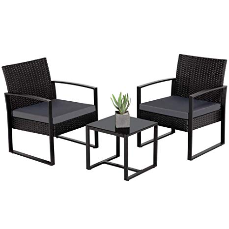 Yaheetech 3 Pieces Patio Furniture Sets Indoor Outdoor Wicker Modern Bistro Set Rattan Chair Conversation Sets Gray Cushion with Coffee Table