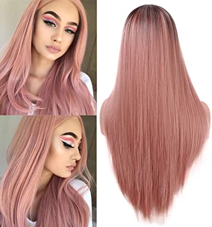 Fani Fashion Orange Pink Women's Wigs Silk Straight Ombre Pink Wig 22 Inch Dark Brown Roots Non-Lace Front Middle Part Synthetic Cosplay Halloween Wig