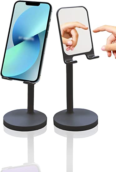 KN FLAX Cell Phone Stand with Mirror Mobile Phone and iPad Holder for Desk with Adjustable View Angle & Height, Handsfree Smart Phone Cradle, Dock for Office Kitchen Traveling Accessories - Black