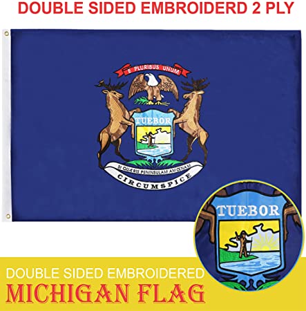 G128 - Michigan State Flag | 3x5 feet | Double Sided Embroidered 210D - Indoor/Outdoor, Brass Grommets, Heavy Duty Polyester, 2-ply