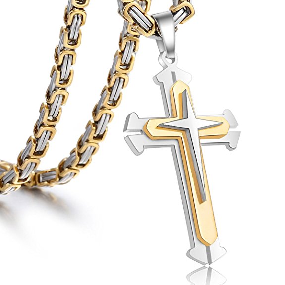 Trendsmax Jewelry Stainless Steel Cross Pendant Necklace Mens Boys Chain 5mm Byzantine Chain 22-30inch