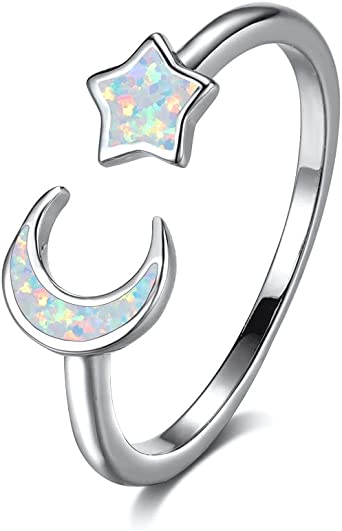 Opal Crescent Moon Star Open Adjustable Stacking Ring White Gold Plated Created Birthstone Love Endless Promise Wedding Finger Bands Expand Lucky Statement Rings Fashion Jewelry for Women Teen Girls Girlfriend Mother