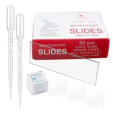 Microscope Slides and Cover Slips 50 PCS Pre Cleaned Microscope Slides With Ground Edge 100 Pcs Pre Cleaned Microscope Cover Glasses With 2 Plastic Droppers