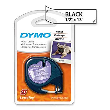 DYMO Authentic LetraTag Labeling Tape for LetraTag Label Makers, Black print on Clear pastic tape, 1/2'' W x 13' L, 1 roll (16952)