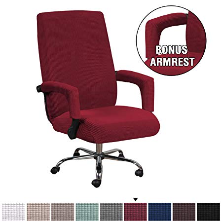 H.VERSAILTEX Stretch Office Chair Covers with Arms Back and Seats Luxury Lycra High Spandex Small Checks Knitted Jacquard Slipcovers Form Fitted Ultimate Comfort and Softness, Standard, Burgundy Red