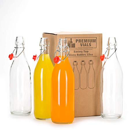 Set of 4-33.75 Oz Giara Glass Bottle with Stopper Caps, Carafe Swing Top Bottles with Airtight Lids for Oil, Vinegar,Beer, Water, Kombucha, Kefir, Soda