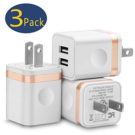 USB Wall Charger (UL Certified), WITPRO 3-Pack Dual USB Port Charger Block Power Adapter Plug 2.1A/5V Compatible with iPhone, iPad, Samsung, LG, Google Pixel, Kindle, Tablet, Cell Phone (White/Gold)