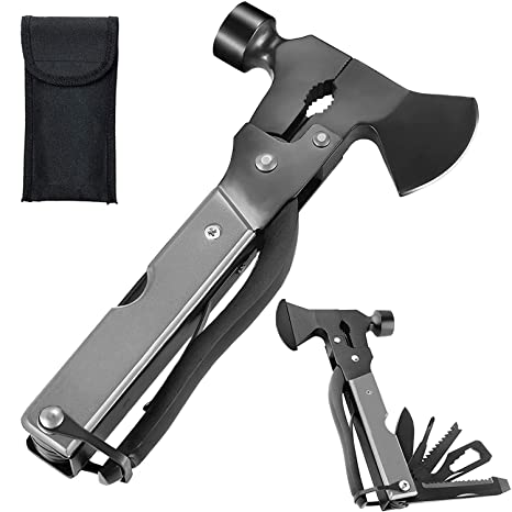 Multitool Camping Hammer Axe Hiking Emergency Survival Multitool 16 in 1 with Folding Mini Knife Saw Screwdrivers Hatchet Plier Gift for Men Dad Husband (Gray)