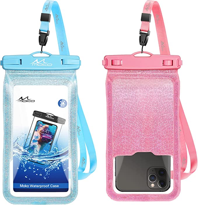 MoKo Waterproof Phone Pouch Holder Floating 2-Pack, IPX8 Glitter Waterproof Case Dry Bag Compatible for iPhone14 13 12 11 Pro Max X/Xr/Xs/8/7/6/SE 3, Galaxy S20/S21