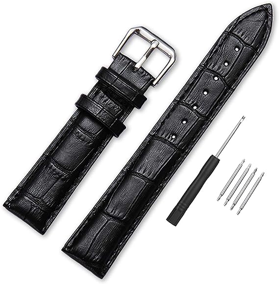 Narako Alligator Style Genuine Leather Watch Bands Genuine Calf Leather Replacement Watch Strap with Stainless Metal Buckle Clasp 12mm 14mm 16mm 18mm 20mm 22mm 24mm for Men and Women