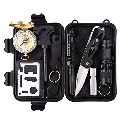 Emergency Survival Kits 10 in 1, OMNi Professional Survival Tools Outdoor Survival Gear Kit with Fire Starter Whistle Survival Knife Flashlight Tactical Pen etc for Outdoor Travel Hike Field