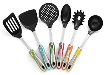 Kitchen Utensils with Holder 7 Pc Cute Utensil Set - Colorful Handles, Stainless Steel Core and Large Nylon Heads By RSG
