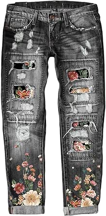 EVALESS Ripped Jeans for Women Plaid Patch Boyfriend Skinny Distressed Denim Jean Pants