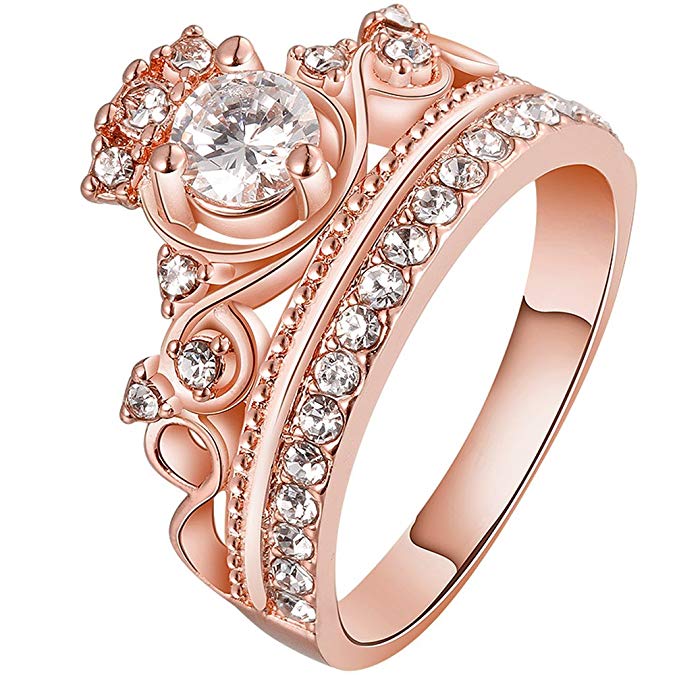 BOHG Jewelry Womens 18K Rose Gold Plated Fashion Cubic Zirconia CZ Princess Crown Tiara Ring Wedding Band