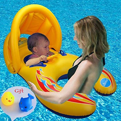 Zicosy Mother & Baby Swimming Float with Inflatable Sunshade Canopy, Swimming Ring, Swimming Pool Float Toy (Double Seat Boat with Safety Handheld for 6-36 Months Baby) - Yellow