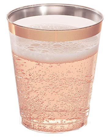 Rose Gold Plastic Cups | 8 oz. 50 Pack | Hard Clear Plastic Cups | Disposable Party Cups | Fancy Wedding Tumblers | Nice Rose Gold Rim Plastic Cups | Elegant Decoration Cups | Plastic Tumblers Bulk