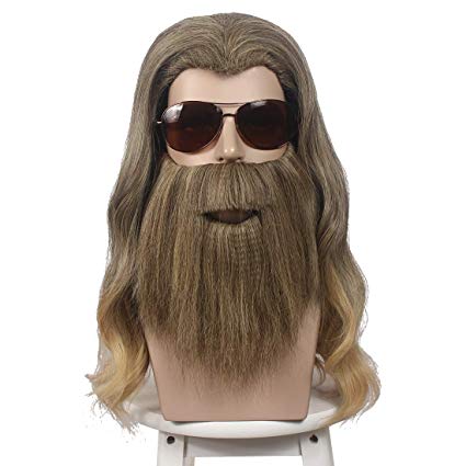 wildcos Long Curly Golden Brown Hair and Beard Cosplay Wig for Men