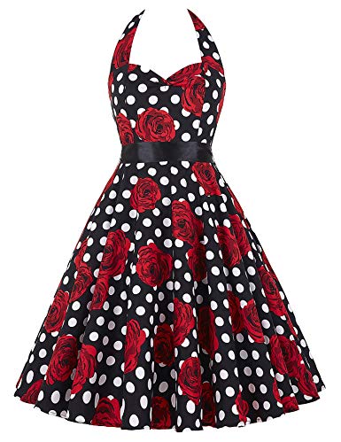 GRACE KARIN Women Vintage 1950s Halter Cocktail Party Swing Dress with Sash