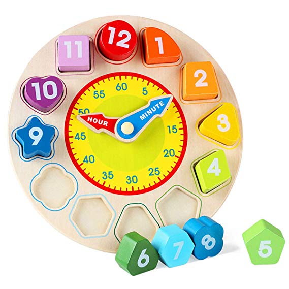 Joqutoys Wooden Shape Sorting Clock Puzzle Teaching Time Number Blocks Educational Toy for Kids