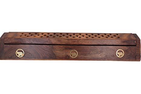 Handmade Wooden Incense Burner By Cavelio | Carved Premium Quality Sheesham Wood Box | With Elephant Brass Inlays | Hidden Storage Compartment | 12” x 2” x 2.5” Dimensions | For Cones & Sticks