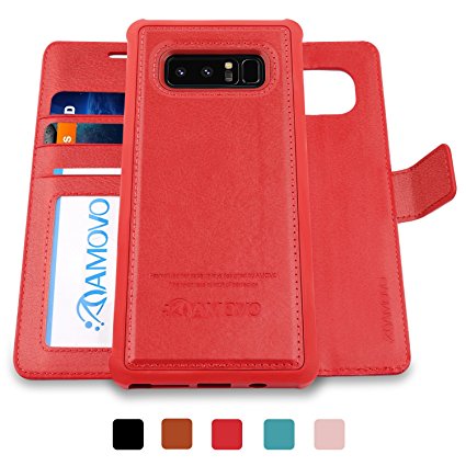 AMOVO Galaxy Note 8 Case [2 in 1], Samsung Galaxy Note 8 Wallet Case [Detachable Wallet Folio] [Premium Vegan Leather] Samsung Note 8 Flip Cover with Gift Box Package (Red)