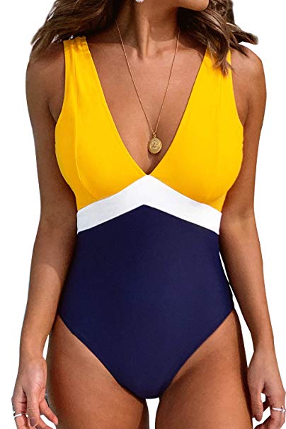 CUPSHE Women's Colorblocked Open Back V Neck One Piece Swimsuit