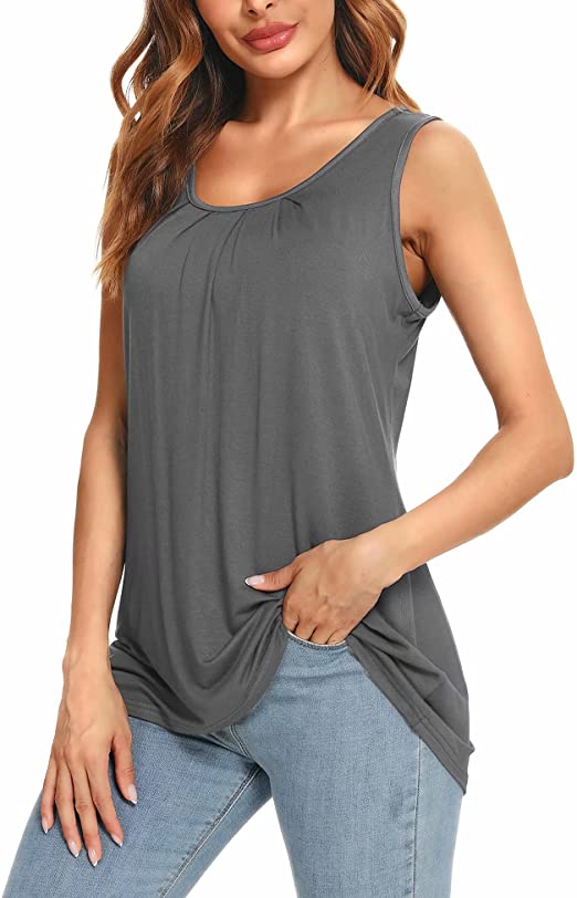 Bloggerlove Womens Tank Tops Round Neck Sleeveless Shirts Pleated Casual Front Loose Solid Blouse