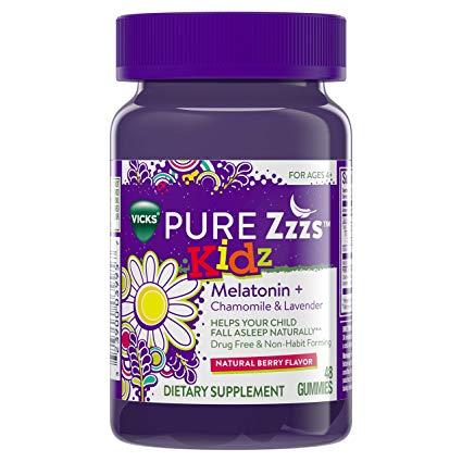 Vicks Pure Zzzs Kidz Melatonin Lavender & Chamomile Sleep Aid Gummies for Kids & Children, Natural Berry Flavor, 0.5mg per gummy, 48 Ct