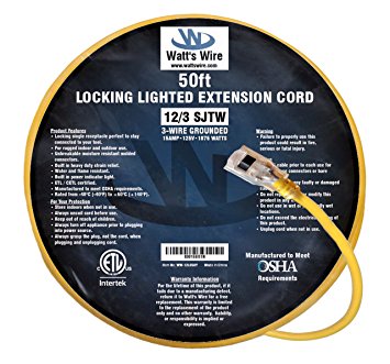 50ft 12 Gauge Heavy Duty Indoor/Outdoor SJTW Lighted Locking Extension Cord by Watt's Wire - 50' 12/3 Rugged Lighted Grounded Power Cord - 12AWG 125Vac 15Amp 1875Watt