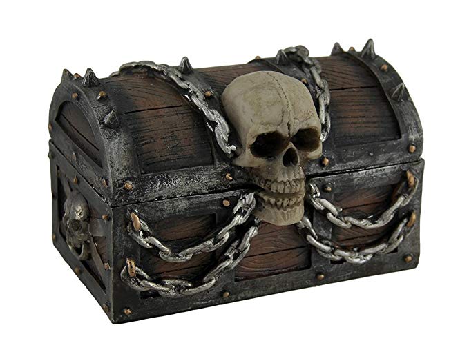 DWK 5" Wide Pirate's Booty Treasure Chest Trinket Storage Jewelry Box With Skull And Chains by Beach Nautical Caribbean Themed Home Decor and Gifts