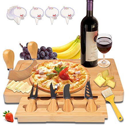 Bamboo Cheese Board with Slide-Out Drawer Wood Charcuterie Platter Serving Cutlery Set Cheese tray Chopping board