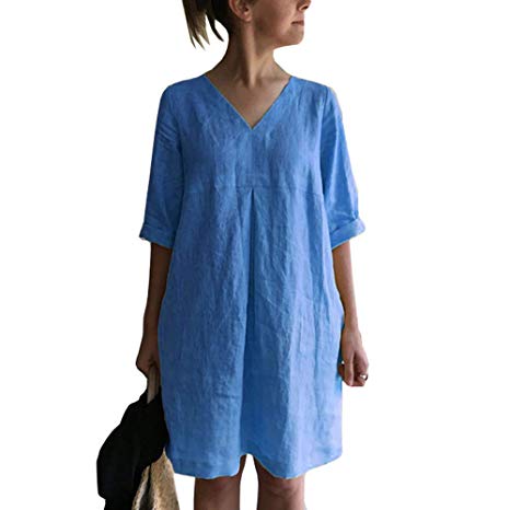 Cicy Bell Women's V Neck Cotton Linen Tunic Tops Half Sleeve Summer Loose Casual Dresses