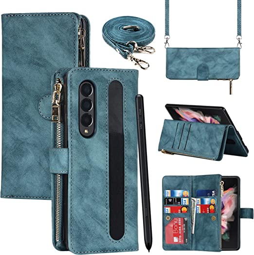 SailorTech Galaxy Z Fold 3 Case, Wallet Case with S Pen Holder 9 Card Holder 1 Zipper Coin Wallet 2 Cash Slot Lanyard Flip Leather Cover Compatible with Galaxy Z Fold3 5G Blue