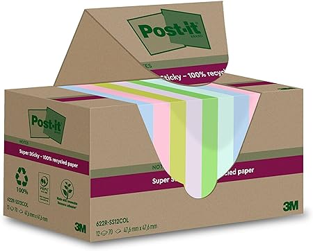 Post-it Super Sticky 100% Recycled Notes, Pack of 12 Pads, 70 Sheets per Pad, 47.6 mm x 47.6 mm, Pink, Green, Blue, Purple, Yellow - Extra Sticky Notes Made from 100% Recycled Paper- Assorted