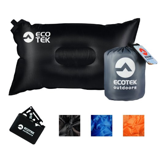 EcoTek Outdoors Compact Inflatable Camp Travel Pillow   Bonus 11-in-1 Wallet Multitool Survival Card