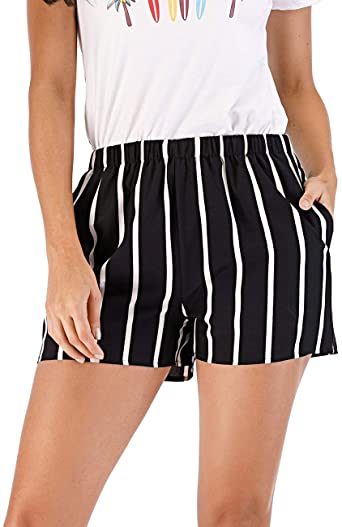 Dilgul Womens Shorts Striped Shorts Summer Casual Elastic Waist Shorts with Pockets Black