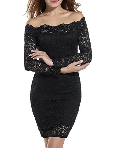 ACEVOG Women's Off Shoulder Lace Dress Long Sleeve Bodycon Casual Dresses