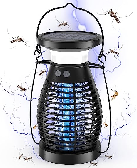 Solar Bug Zapper Outdoor, 3-in-1 Mosquito Zapper for Camping, 4200V High Powered Pest Control Waterproof UV Fly Zapper, Rechargeable Electric Fly Trap for Camping, Home,Kitchen, Patio(Black)