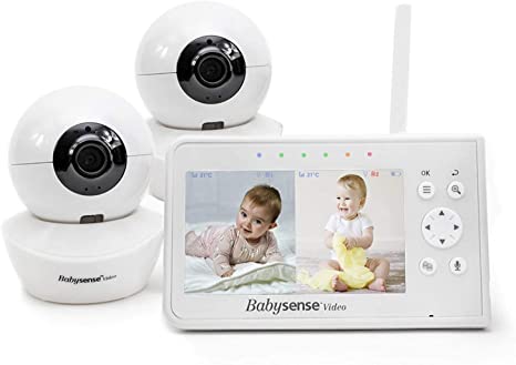 Babysense Video Baby Monitor, 4.3" Split Screen with Two Cameras and Audio, Remote Pan & Tilt, 300m Range (Open Space), Adjustable Night Light, Two-Way Audio, Zoom, Night Vision, Lullabies