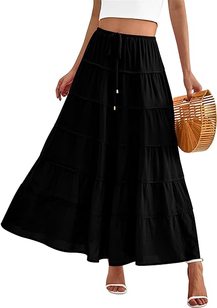 MASCOMODA Summer Long Maxi Skirt for Women 2023 Causal Boho Flowy High Waisted Ruffle Tiered A-Line Beach Skirts with Pockets