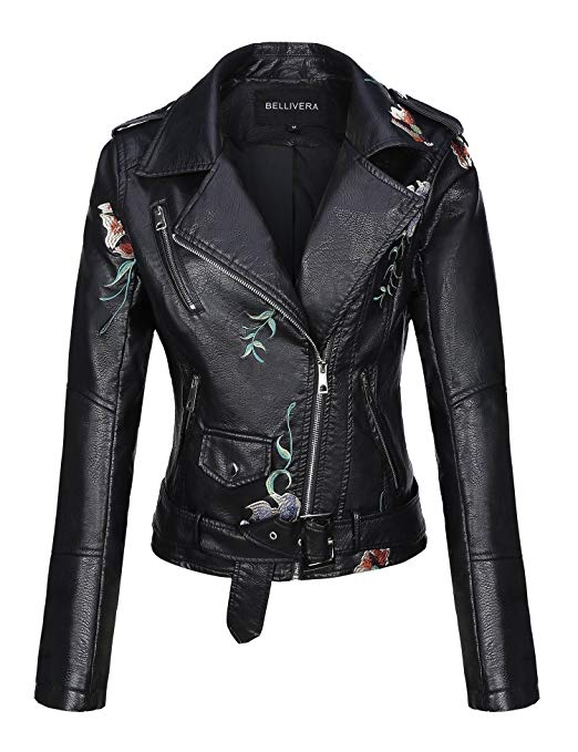 Bellivera Women Embroidered Floral Fall Motorcycle Leather Jacket Chaquetas De Mujer