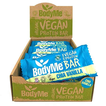 BodyMe Organic Vegan Protein Bar | Raw Chia Vanilla | 12 x 60g Vegan Protein Snack Bars | Gluten Free | 16g Complete Protein | 3 Plant Proteins All Essential Amino Acids | High Protein Vegan Snacks
