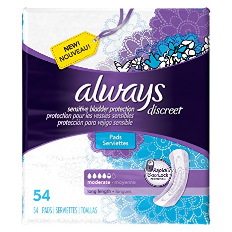 Always Discreet, Incontinence Pads, Moderate, Long Length, 54 Count