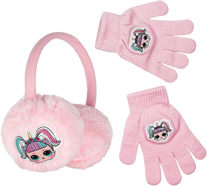 L.O.L. Surprise! Pink Fluffy Fur Earmuffs with Patches & Matching Stretchable Magic Gloves with matching Patches