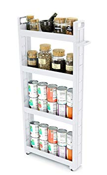 Adorn Home Essentials 4-Tier Narrow, Storage cart Pull-Out, Slide – Out Mobile Commodity Shelf, Rack Organizer Unit on Wheels | Plastic | White