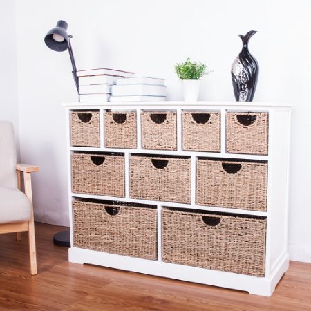 10 Drawer Baskets White Wide Functional Wooden Hyacinth and Seagrass Baskets Cabinet Storage Unit FULLY ASSEMBLED Quality Chest of drawers