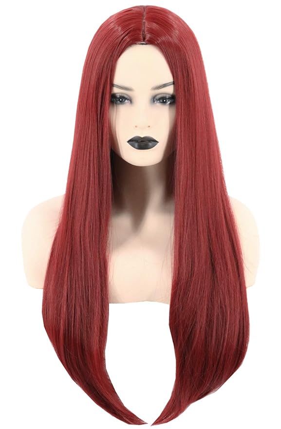 Topcosplay Womens Wigs Wine Red Long Straight Middle Part Bangs Like Lace Front Wig Cosplay Halloween Costume Party Wig (Dark Red)