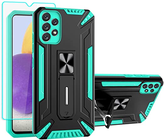 Galaxy A52 Case, Samsung A52 5G Case, with HD Screen Protector, Yiakeng [Military Grade] Ring Kickstand Hard PC Soft TPU Shockproof Protective Cases for Samsung Galaxy A52 (Mint)